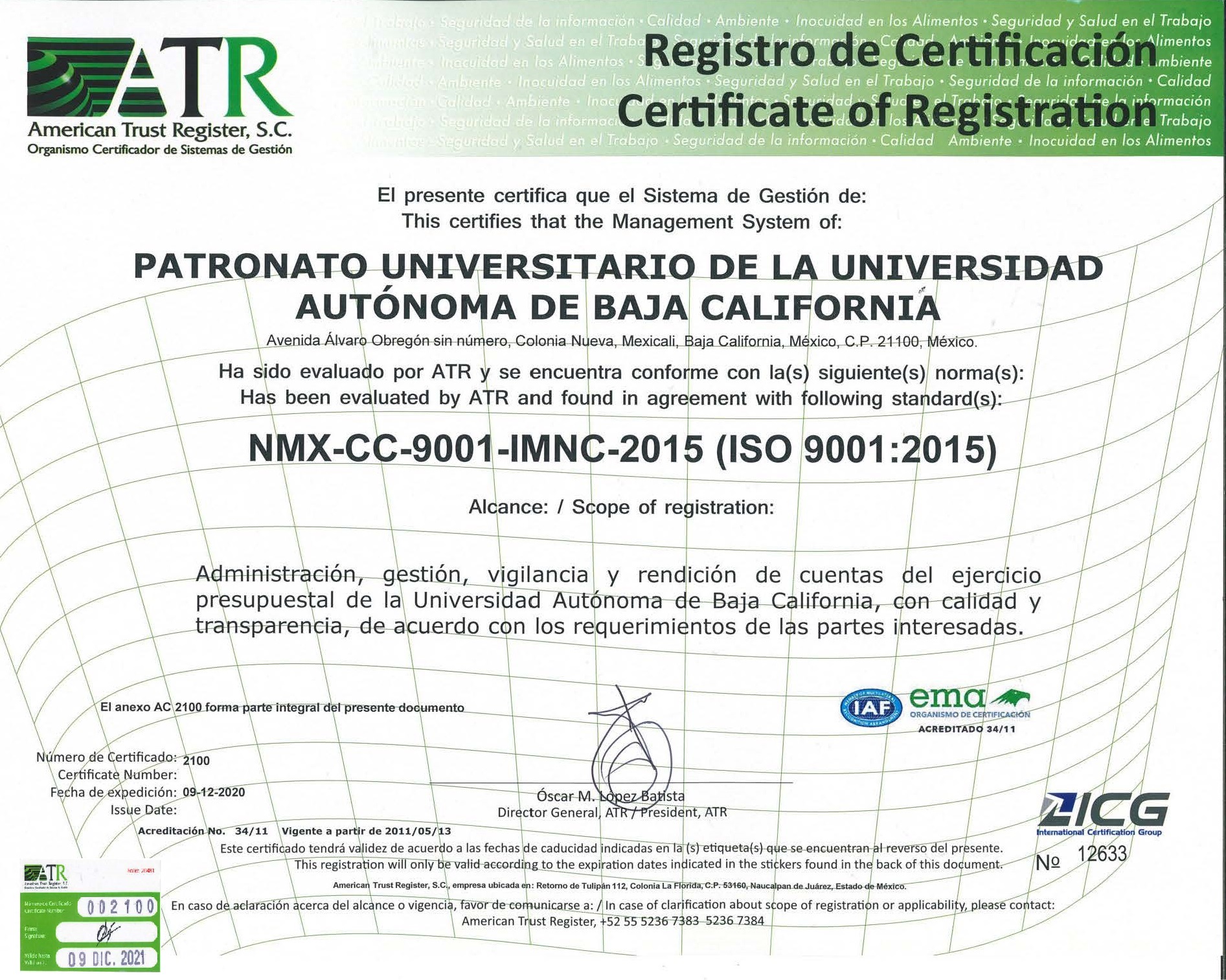 Certificado ISO 9001:2015 Patronato Universitario